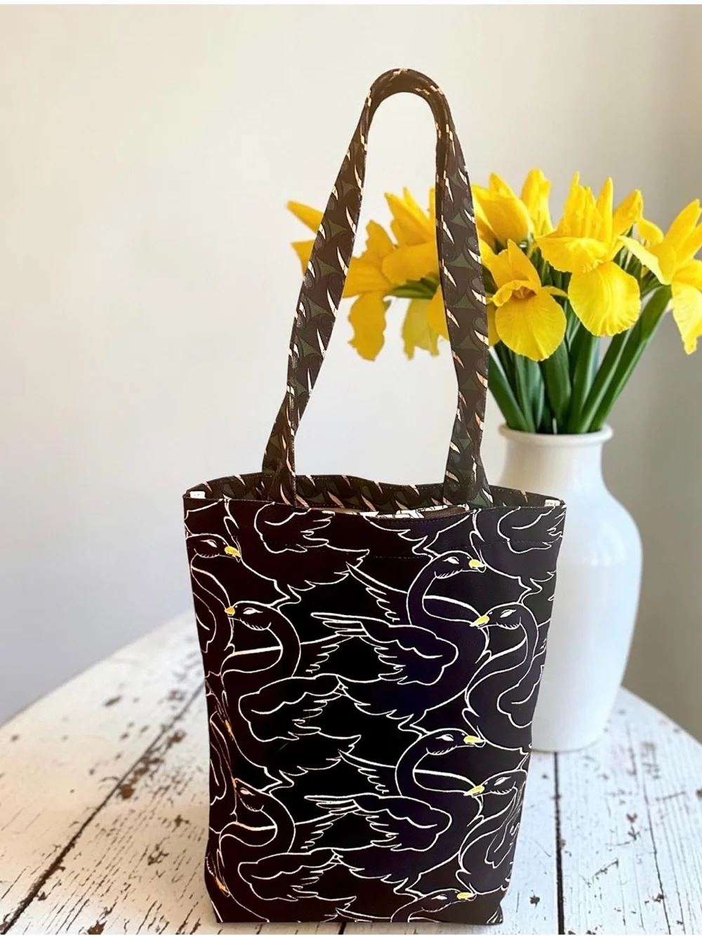 Tory Burch Black Patterned Tote with Multicolor Graphic Accents & Swan Print